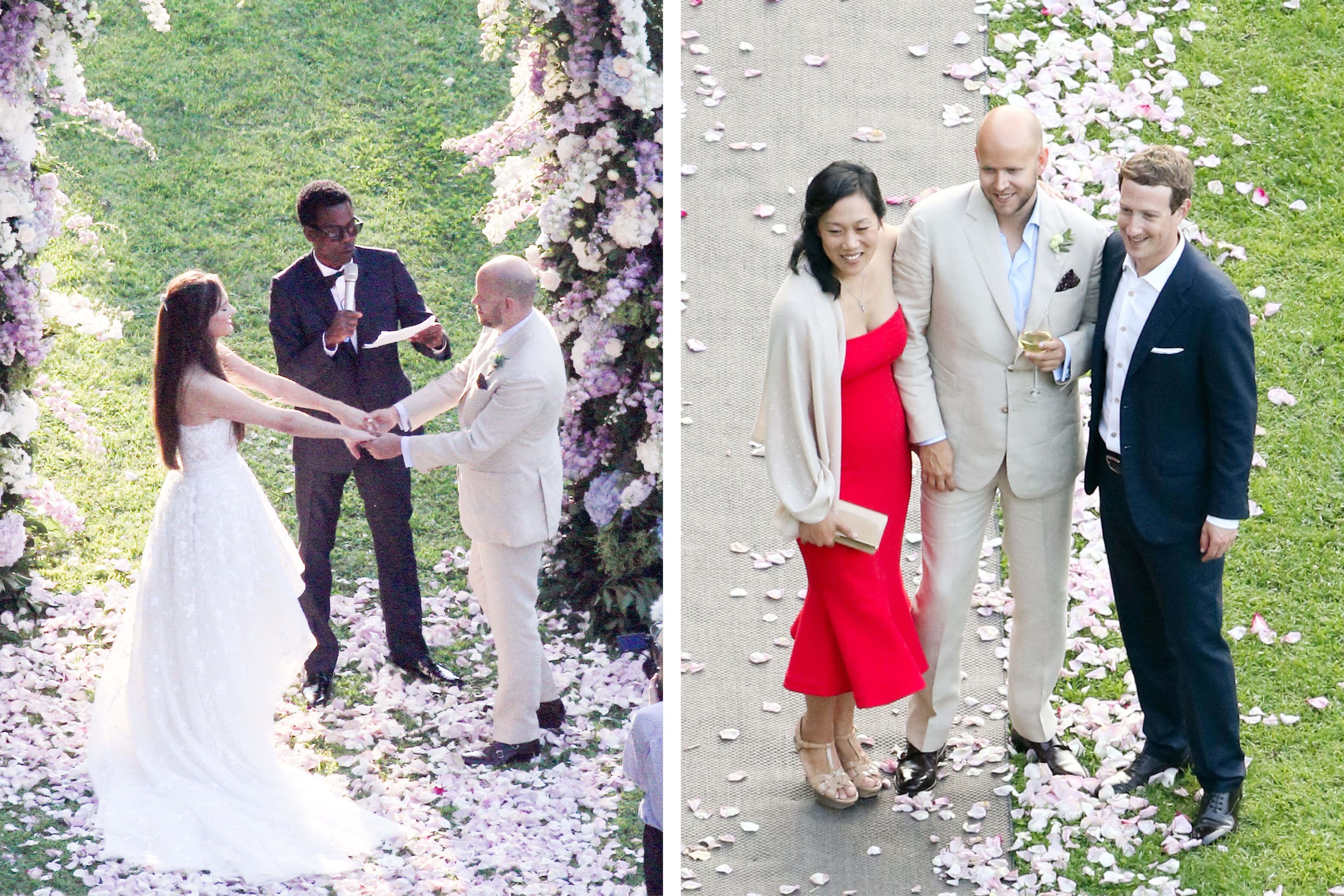 Left: the comedian Chris Rock officiates as Ek ties the knot with Sofia Levander at Lake Como in Italy, 2016. Right: guests included the Facebook founder Mark Zuckerberg and his wife, Priscilla Chan