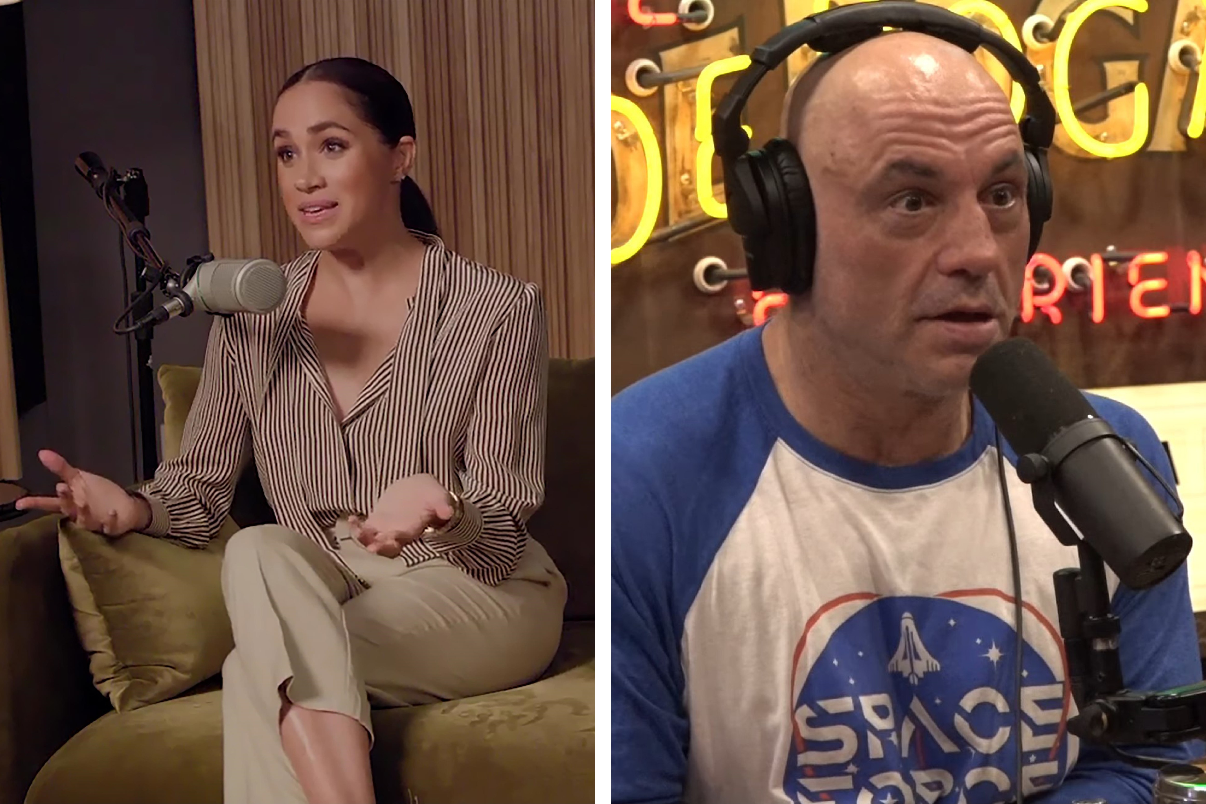 Left: Spotify axed the Duchess of Sussex’s Archetypes podcast after 12 episodes. Right: Joe Rogan has sparked controversy with his show